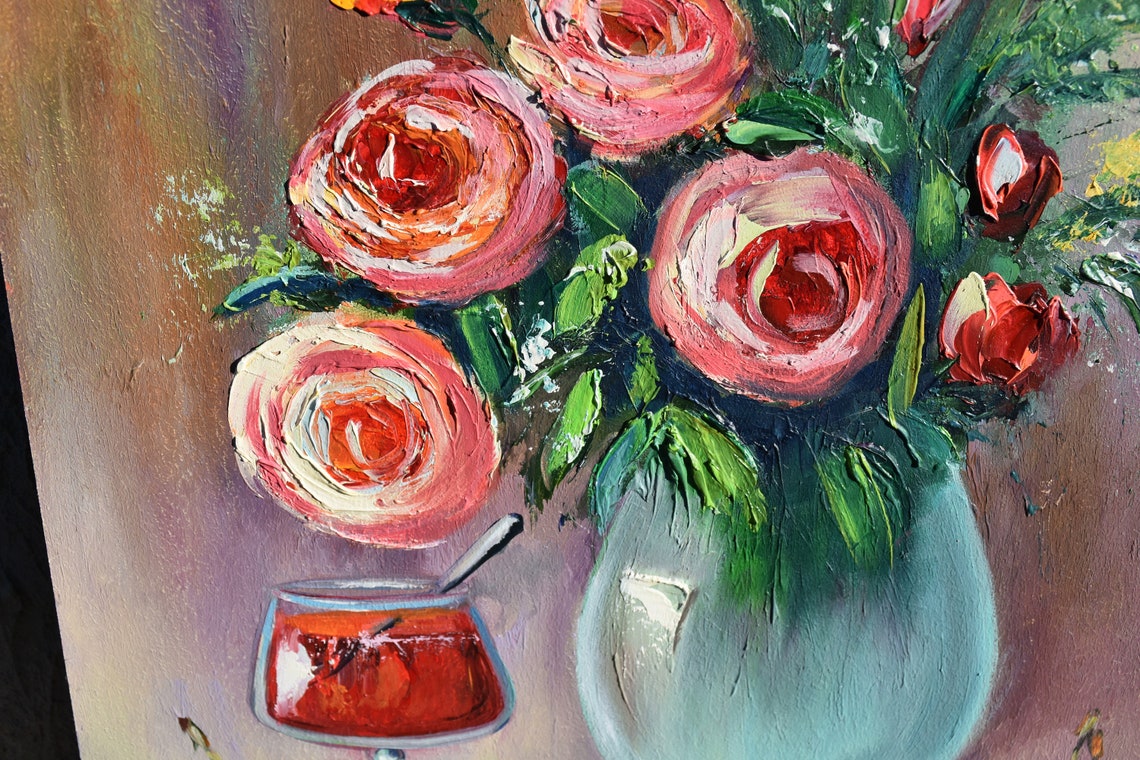 Pink Flowers Art Kitchen Art Food Still Life Rose Painting Cherry Jam Art Roses Flowers Art Floral Artwork Vibrant Floral Art Square Paintin - Image 3