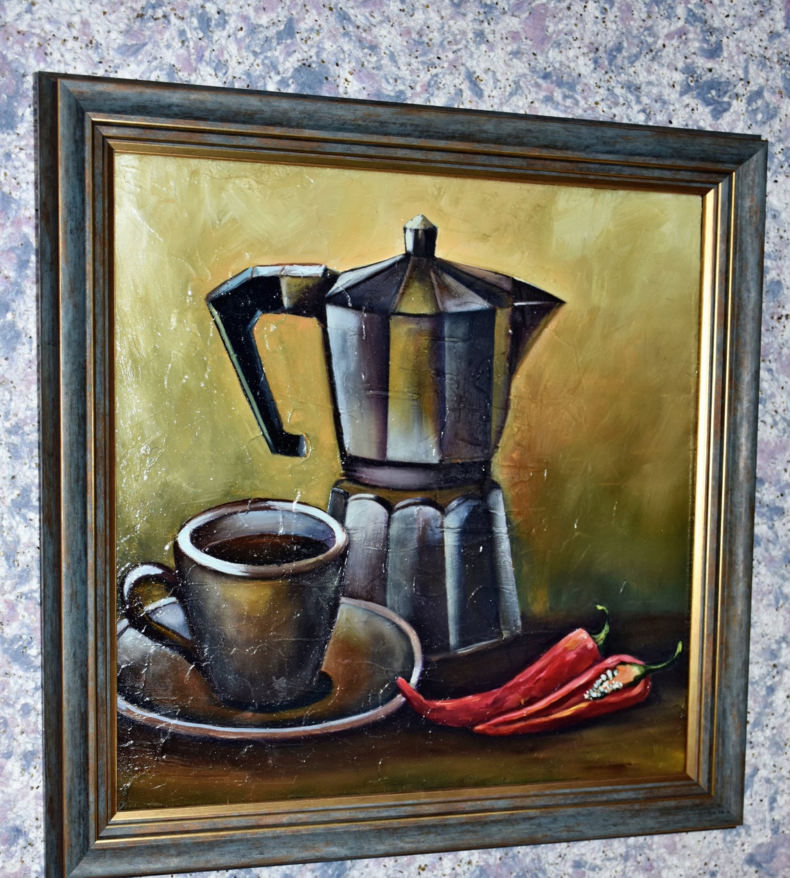Moka Pot Coffee Cup Red Chili Peppers Impasto Still Life Poster - Image 5