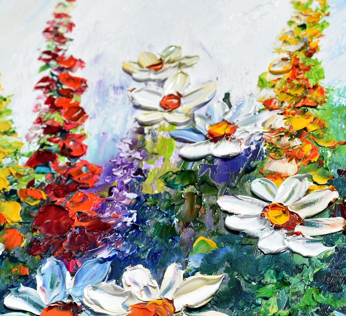 White Cosmos And Red Poppies Wildflower Meadow Oil Art Poster