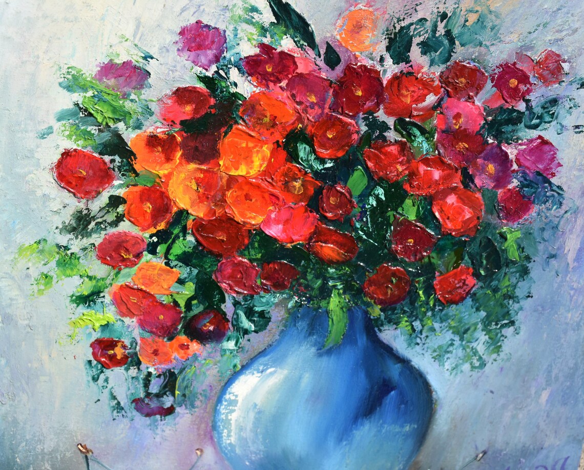 Red Rose Bouquet Blue Vase Cherries Impasto Still Life Oil Poster - Image 4