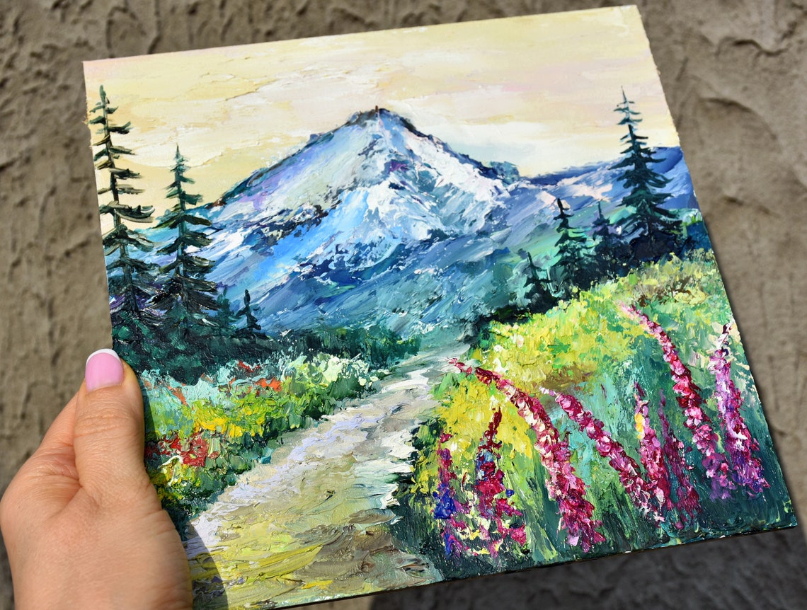 Abstract Mountains Palette Knife Art Wildflowers Oil Art Mountain Landscape Miniature Art Oil Art Modern Impasto Wall Art Painting Meadow - Image 5
