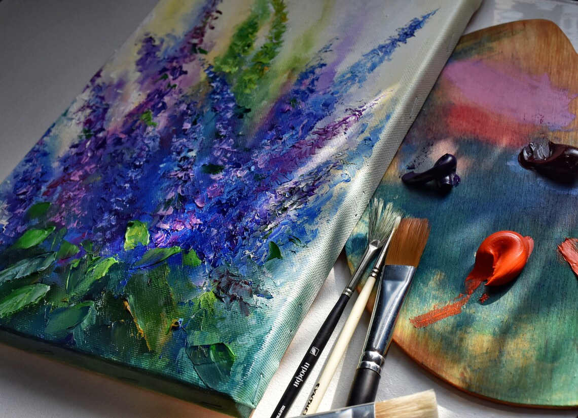 Blue and Purple Flower Spikes Soft Pastel Impasto Oil Painting Print - Image 2