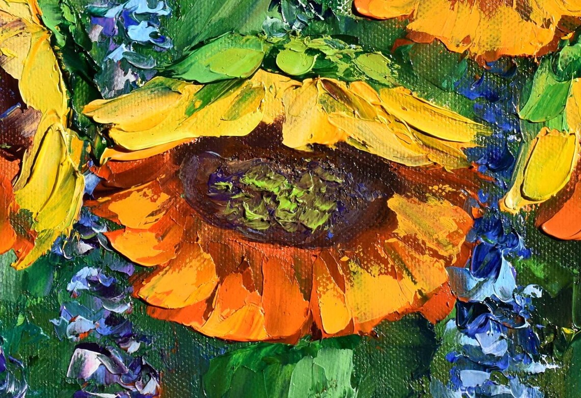 Orange Sunflowers Purple Bloom Garden Impasto Oil Painting Poster - Image 4