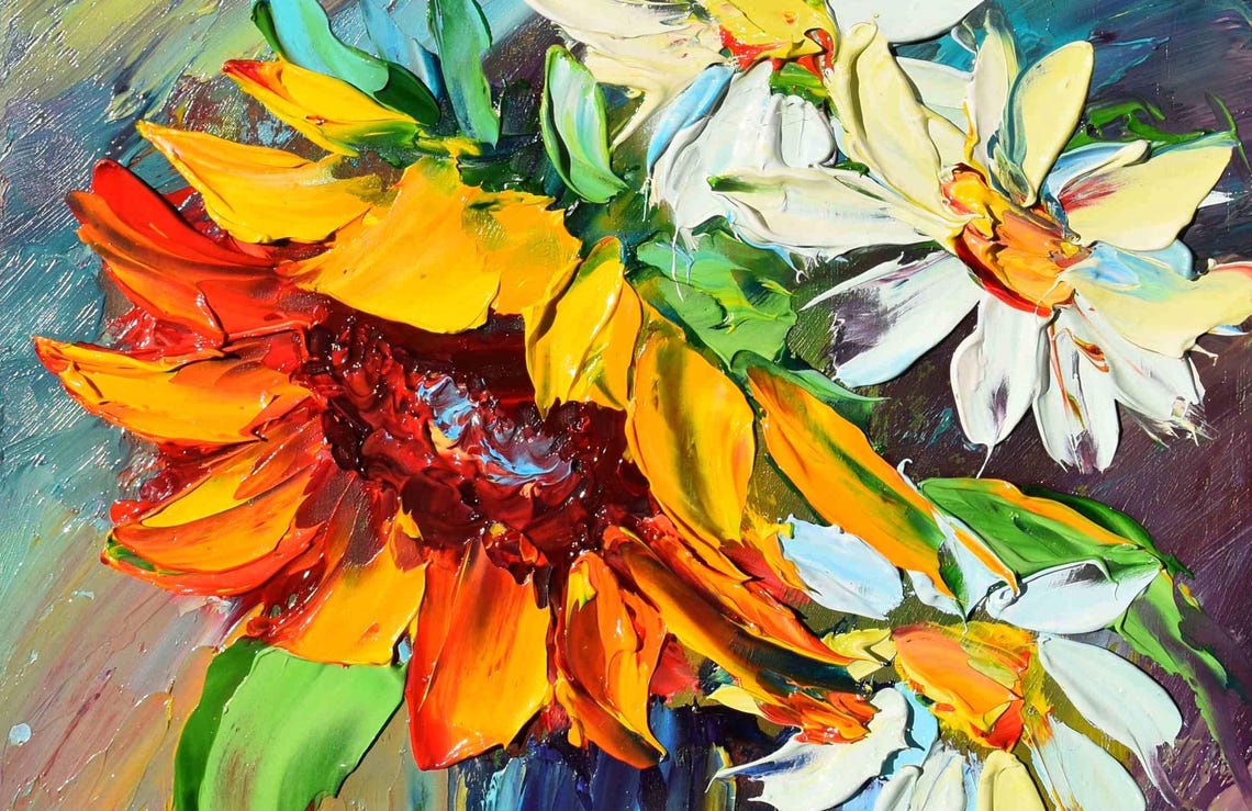 Sunflowers Painting Small Wall Art White Daisies Painting White Flower Art Flowers Painting Sunflowers Art Chamomile Oil Painting Flowers - Image 5