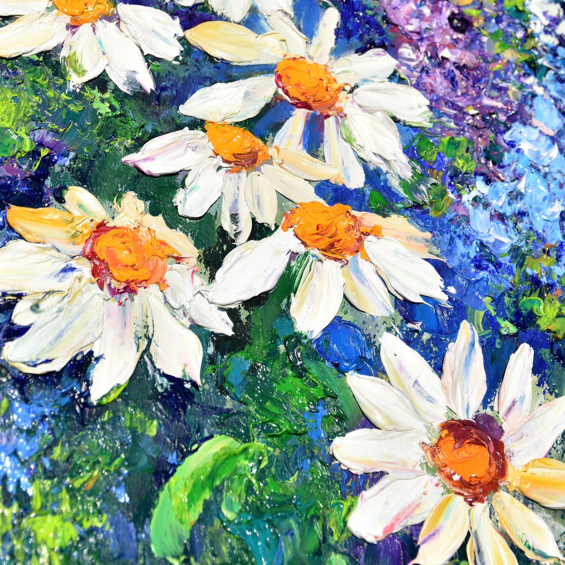 Wildflowers Art Daisy Painting White Flower Art Flower Meadow Art Textured Flower Floral Oil Painting Summer Landscape Wildflowers Painting - Image 5