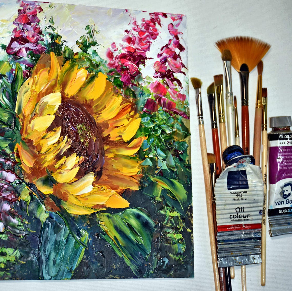 Sunflowers Oil Art Small Wall Art Sunflowers Flowers Purple Lupins Art Floral Artwork Palette Knife Art Wildflowers Art Small Painting Sunfl - Image 3
