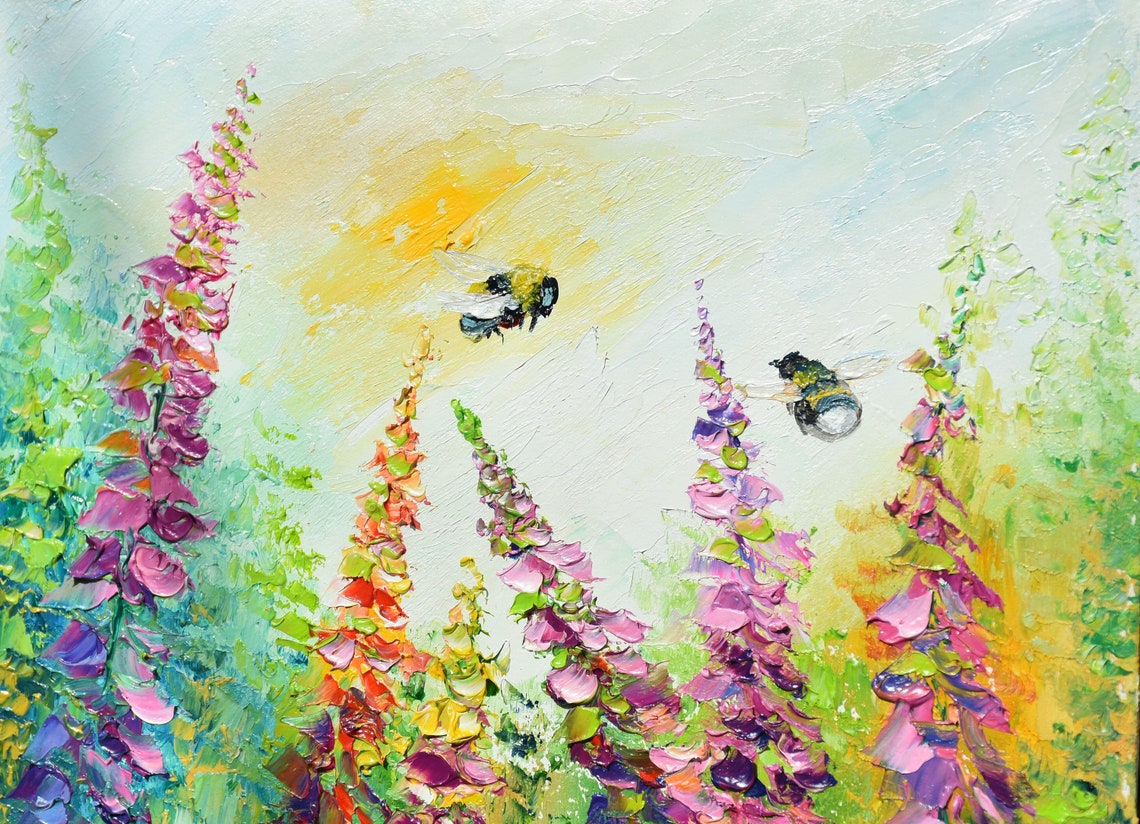Meadow Wall Art Landscape Painting Bee Art Palette Knife Art Honey Bee Art Flowers Oil Painting Pink Flower Art Wall Oil Painting Flower - Image 2