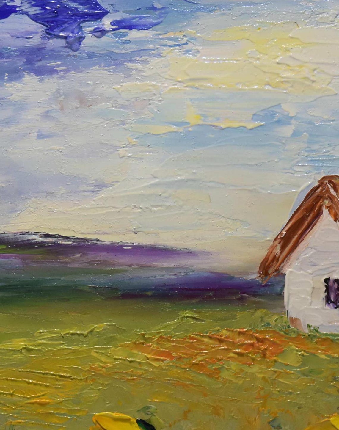 Country House Meadow Sunflowers Blue Sky Impasto Landscape Poster - Image 2