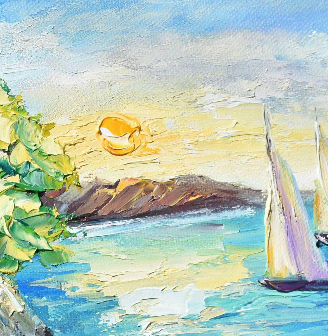 Sailboats Turquoise Bay Sunset Rocky Coast Impasto Seascape Poster - Image 5