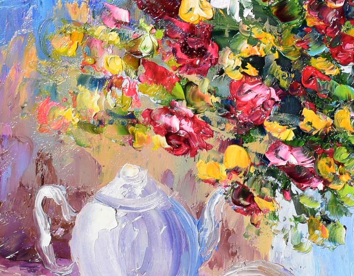 Teapot With Cup Of Tea And Wildflowers Still Life Art Poster - Image 2