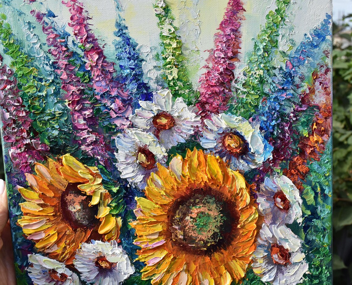 Sunflower Daisy Garden Bouquet Colorful Impasto Oil Painting Poster - Image 4