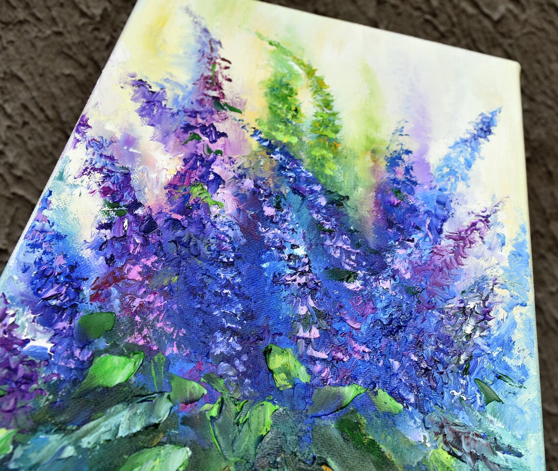 Blue and Purple Flower Spikes Soft Pastel Impasto Oil Painting Print - Image 5