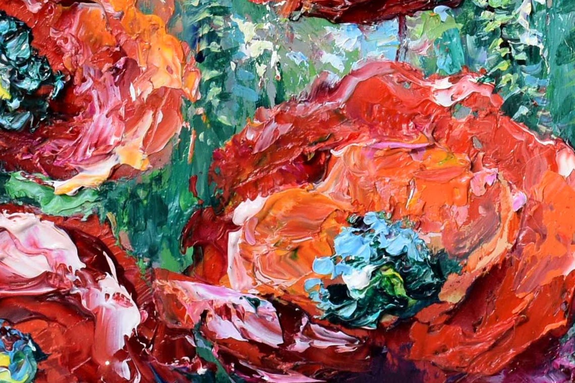 Red Poppies Close Up Thick Impasto Petals Green Oil Floral Wall Art - Image 3