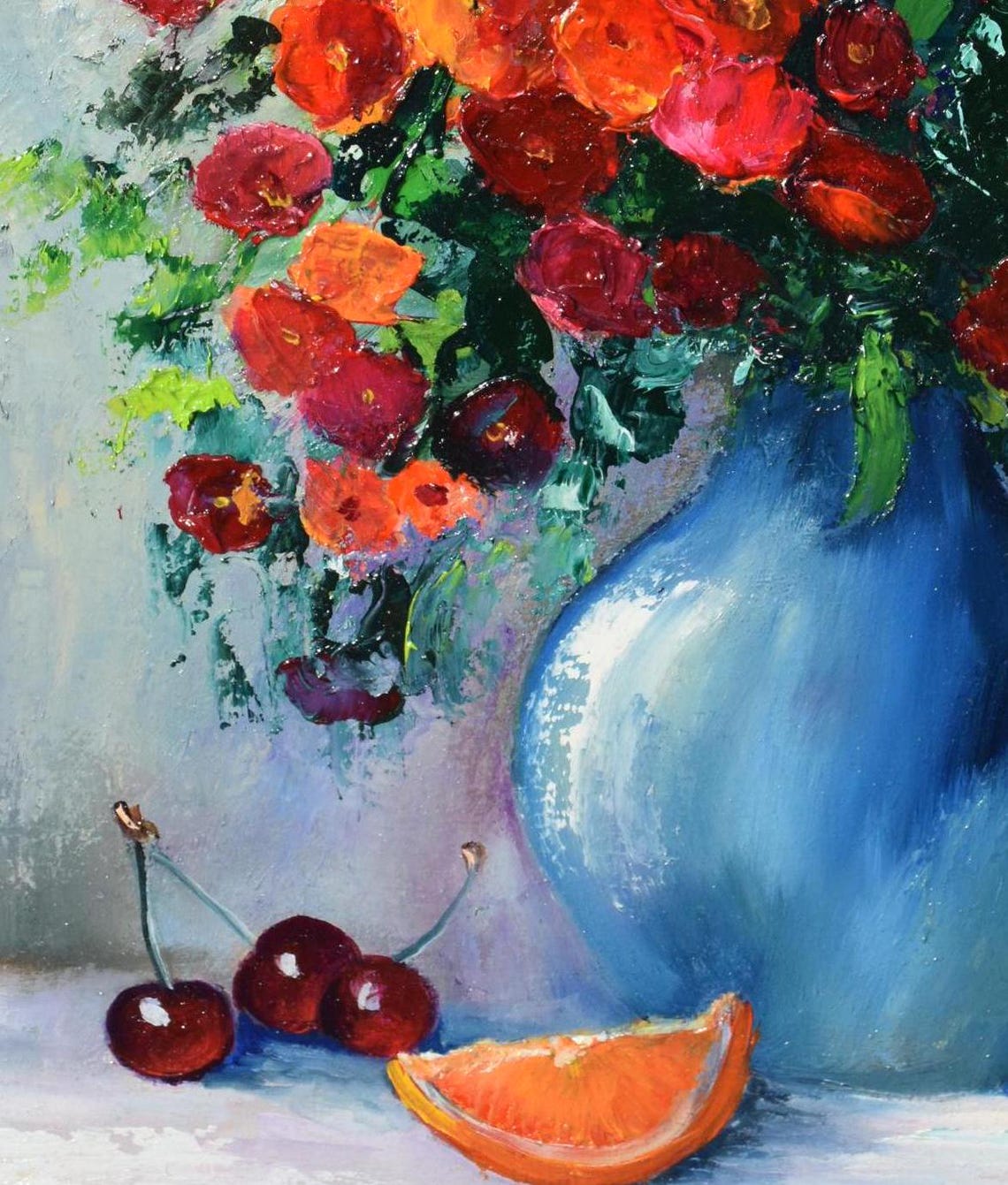 Red Wildflowers Still Life Art Berries Art Flowers Red Flowers Art Red Wildflowers Oil Painting Kitchen Food Art Palette Knife Art Flower - Image 3