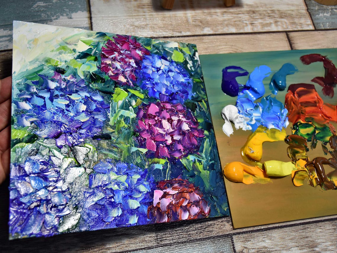 Blue Purple Hydrangea Blooms Thick Impasto Oil Painting Floral Poster - Image 3