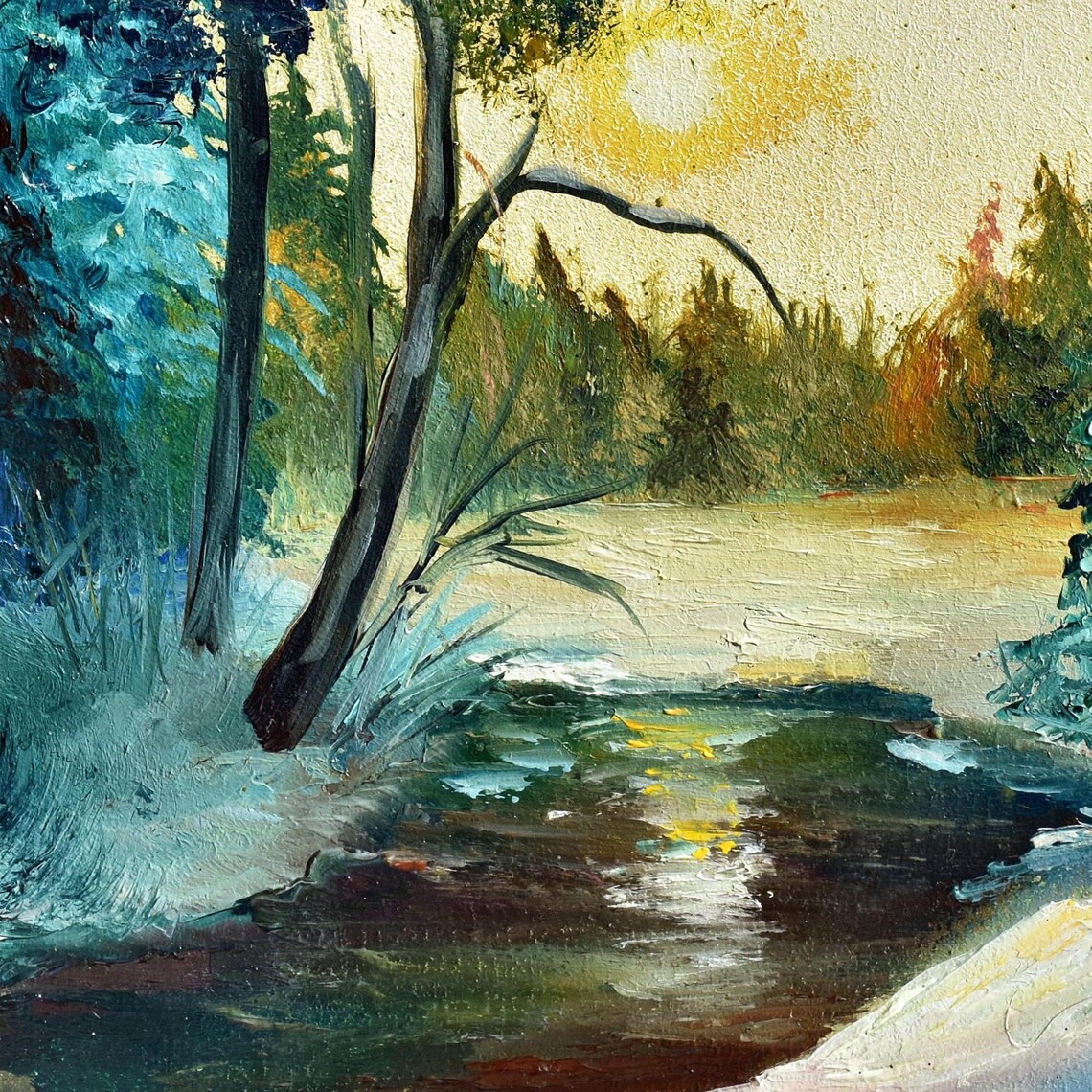 Winter Snow Pines Frozen River Sunset Glow Landscape Oil Wall Art - Image 4