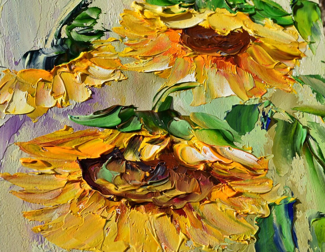 Golden Sunflowers Close Up Heavy Impasto Oil Painting Floral Poster