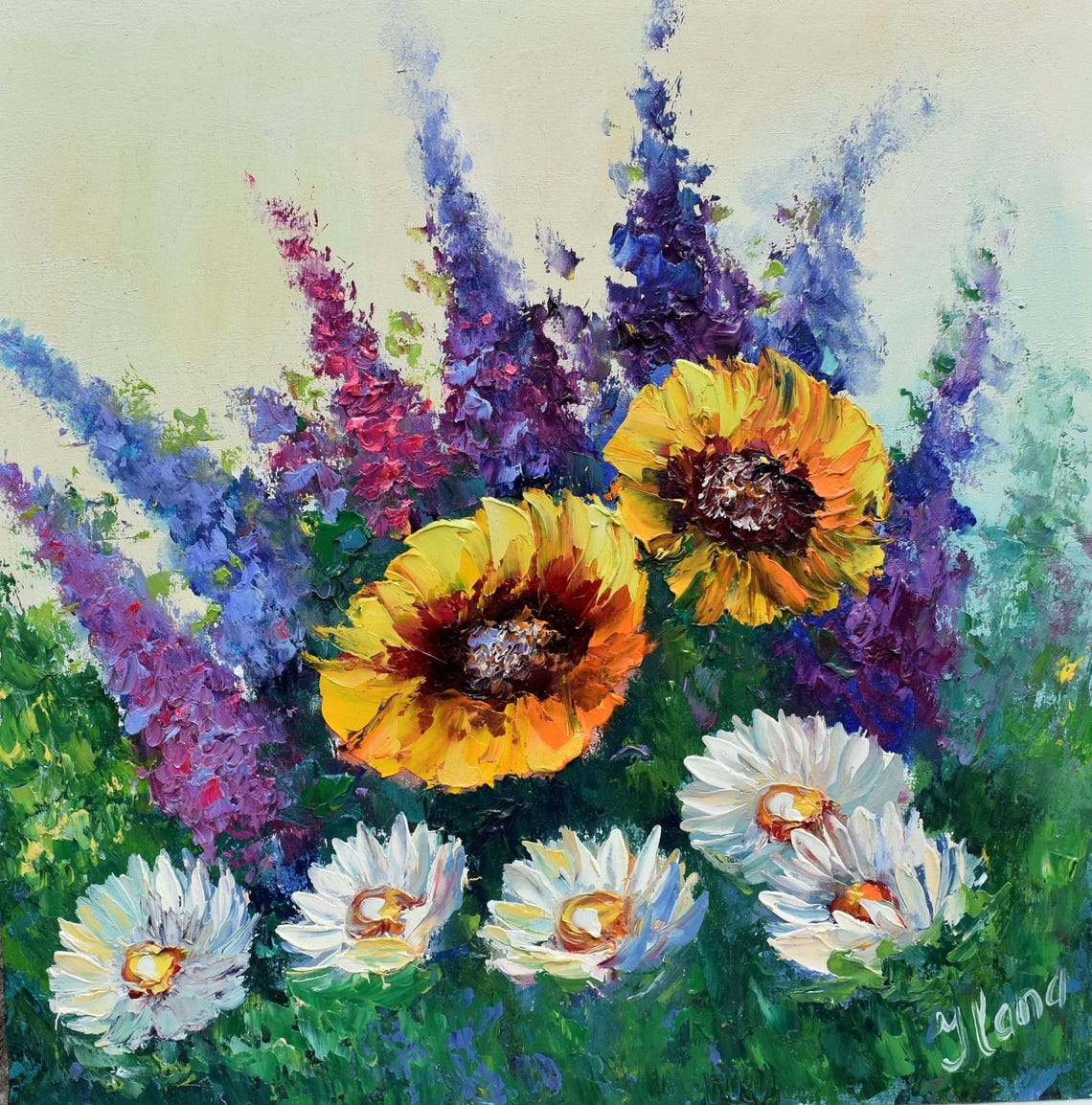 Painting Sunflowers Blue Flowers Art Sunflowers Flowers Palette Knife Art Daisies Painting Sunflowers Painting Meadow Flowers Flower Oil