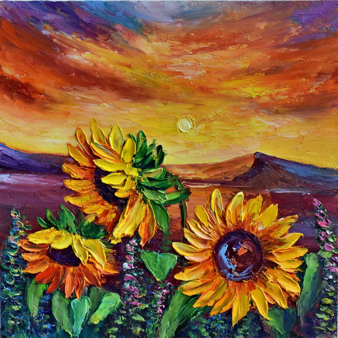 Sunflowers At Sunset Golden Field Impasto Oil Painting Poster