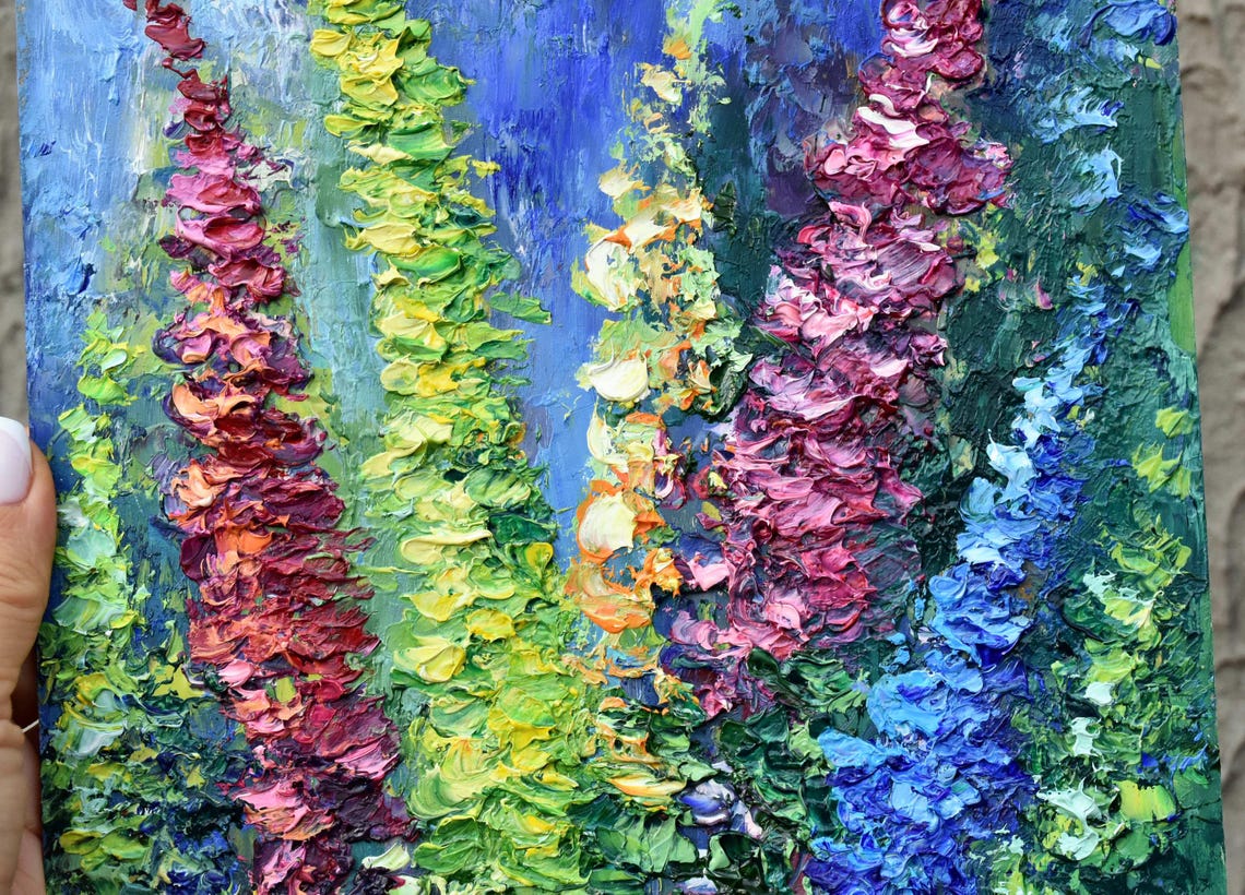 Blue Flowers Wildflowers Oil Art Purple Lupine Art Painting Impasto Painting Floral Artwork Miniature Painting Textured Wall Art Painting