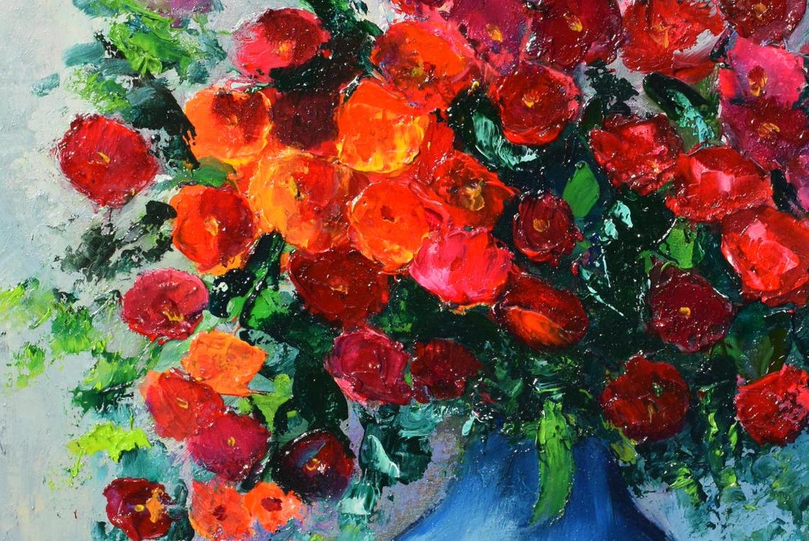 Red Rose Bouquet Blue Vase Cherries Impasto Still Life Oil Poster - Image 2
