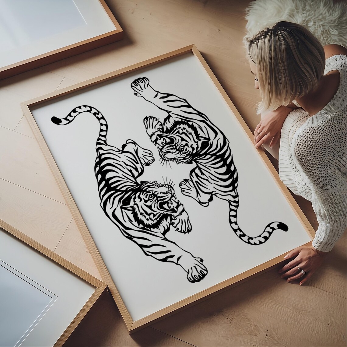 Pair Of Orange Tigers Mirrored Minimalist Line Art Wildlife Poster - Image 4