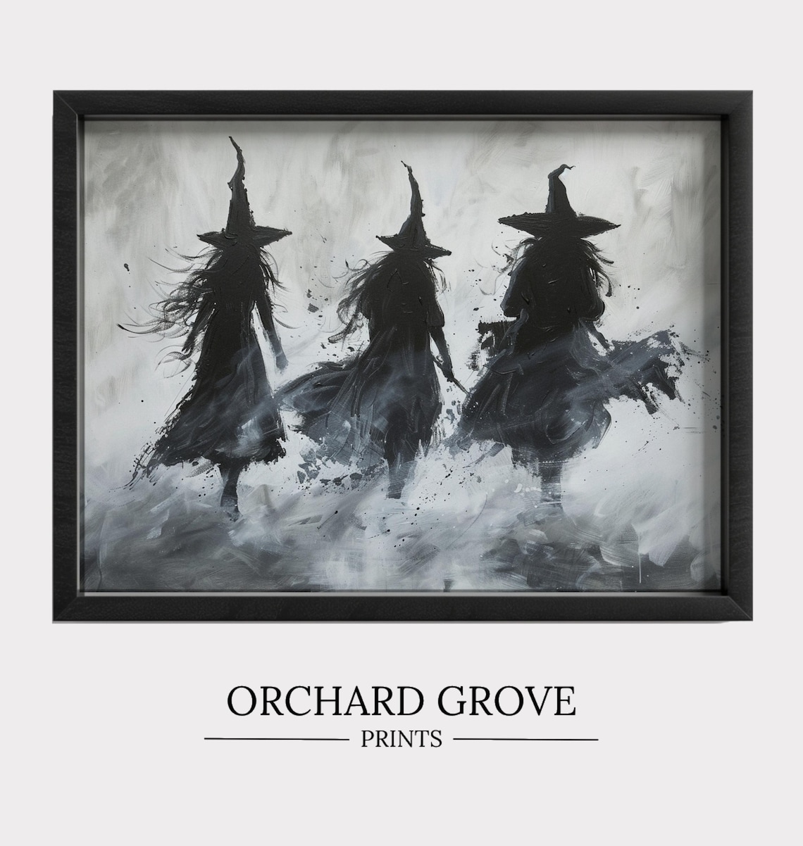 Three Witches Silhouette Misty Black White Spooky Witchy Halloween Art Poster