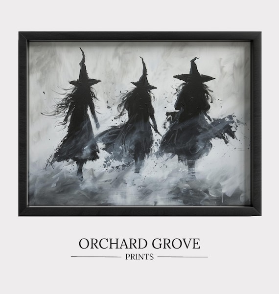 Three Witches Silhouette Misty Black White Spooky Witchy Halloween Art Poster