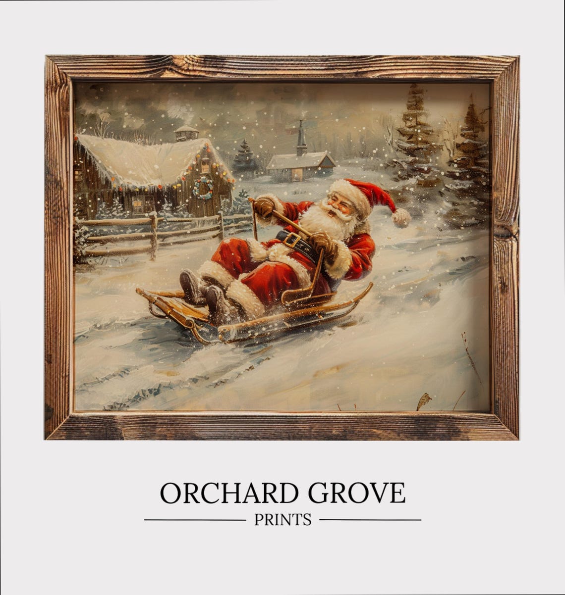 Santa Sledding Wall Art Toboggan Print Winter Oil Painting Holiday Farmhouse Decor Nordic Sled Santa Farm Print Christmas Decor