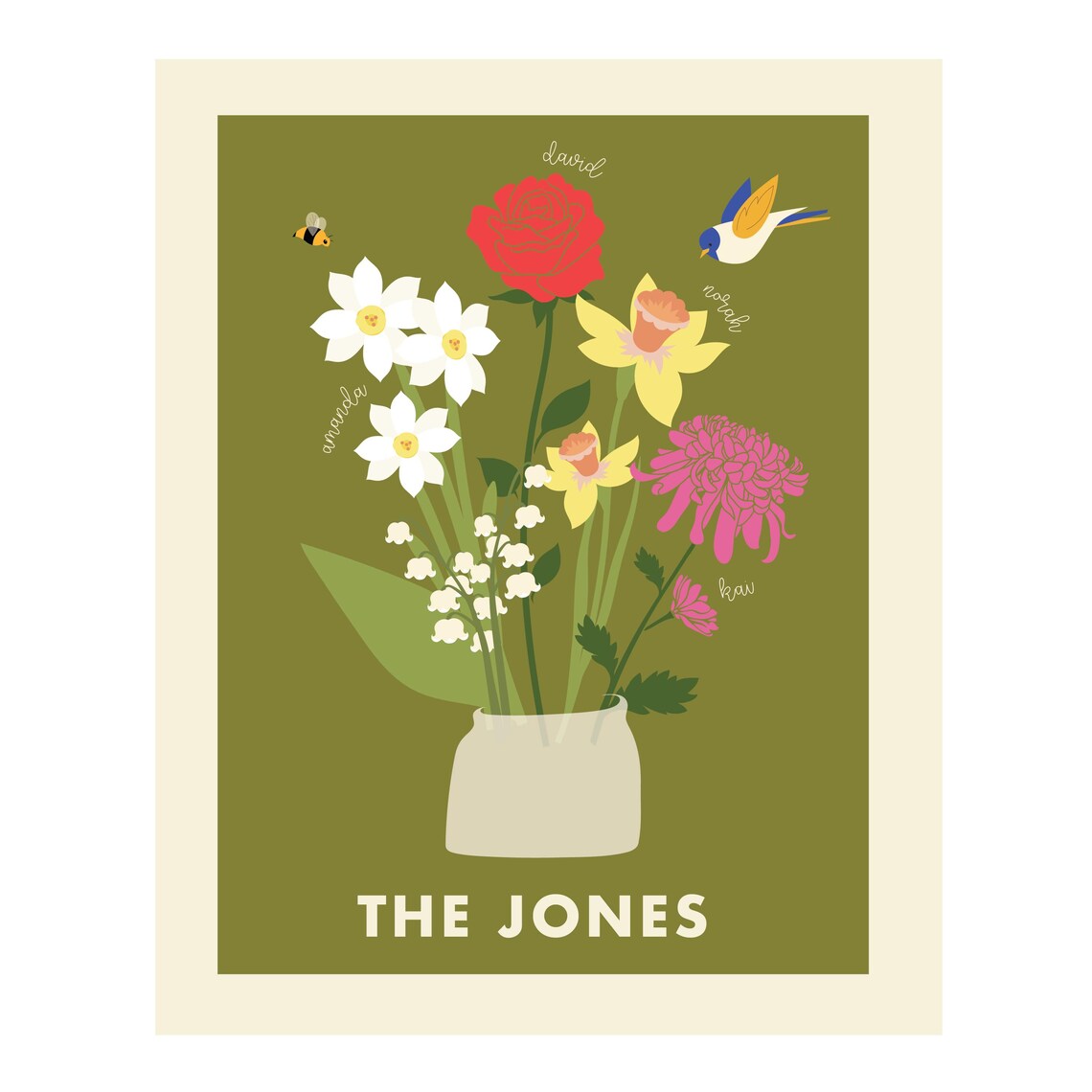 Personalized Birth Flower Bouquet with Poppy and Bird Family Art Print - Image 2