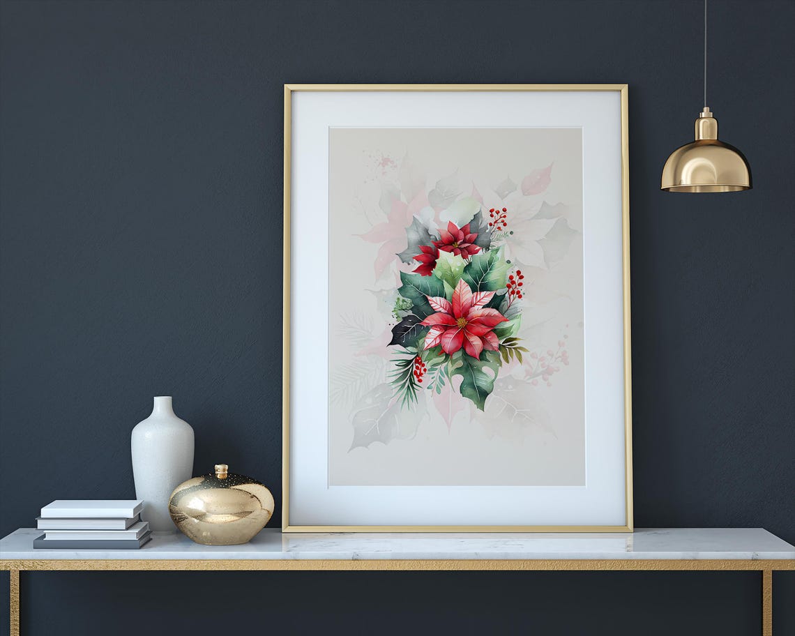 Red Poinsettia Watercolor Floral Bouquet Classic Christmas Wall Art - Image 3