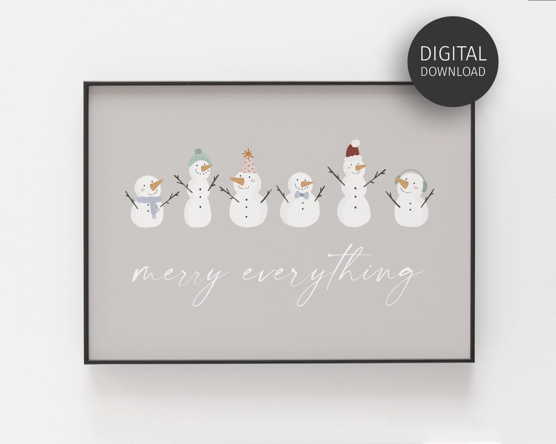 Merry Everything Cute Cozy Beige Snowmen Group Holiday Wall Art