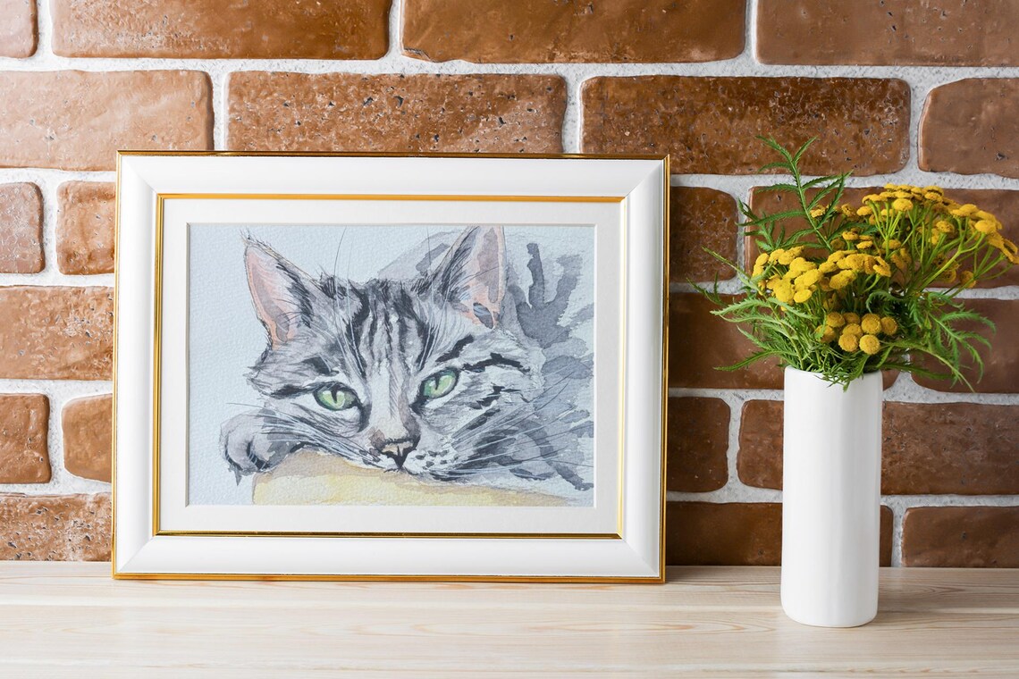 Gray Tabby Cat Watercolor Poster Green Eyes Original Artwork - Image 3