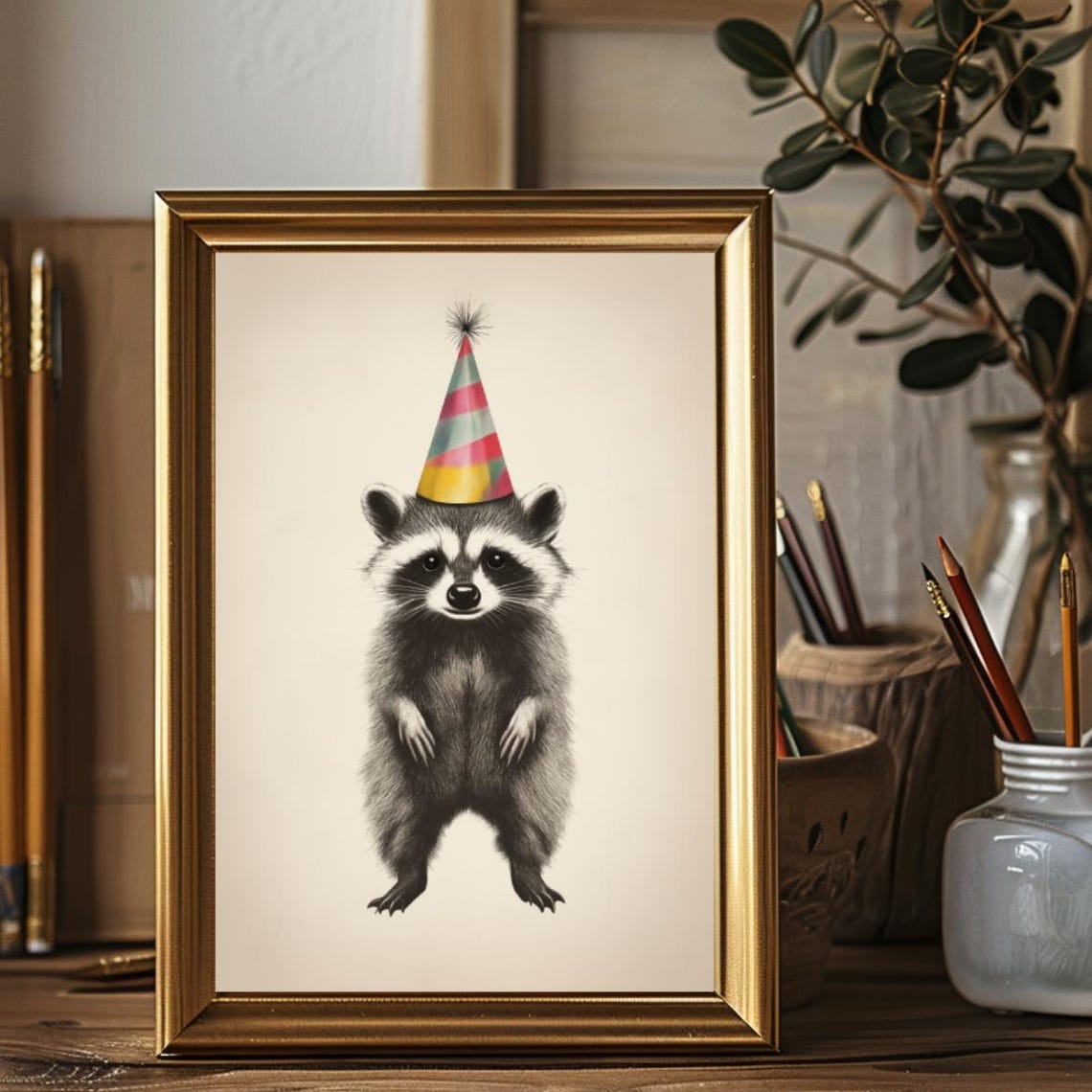 Party Raccoon Print Funny Animal Wall Art Quirky Raccoon Poster Dorm Decor Birthday Print Party Hat Retro Raccoon New Years Eve - Image 2