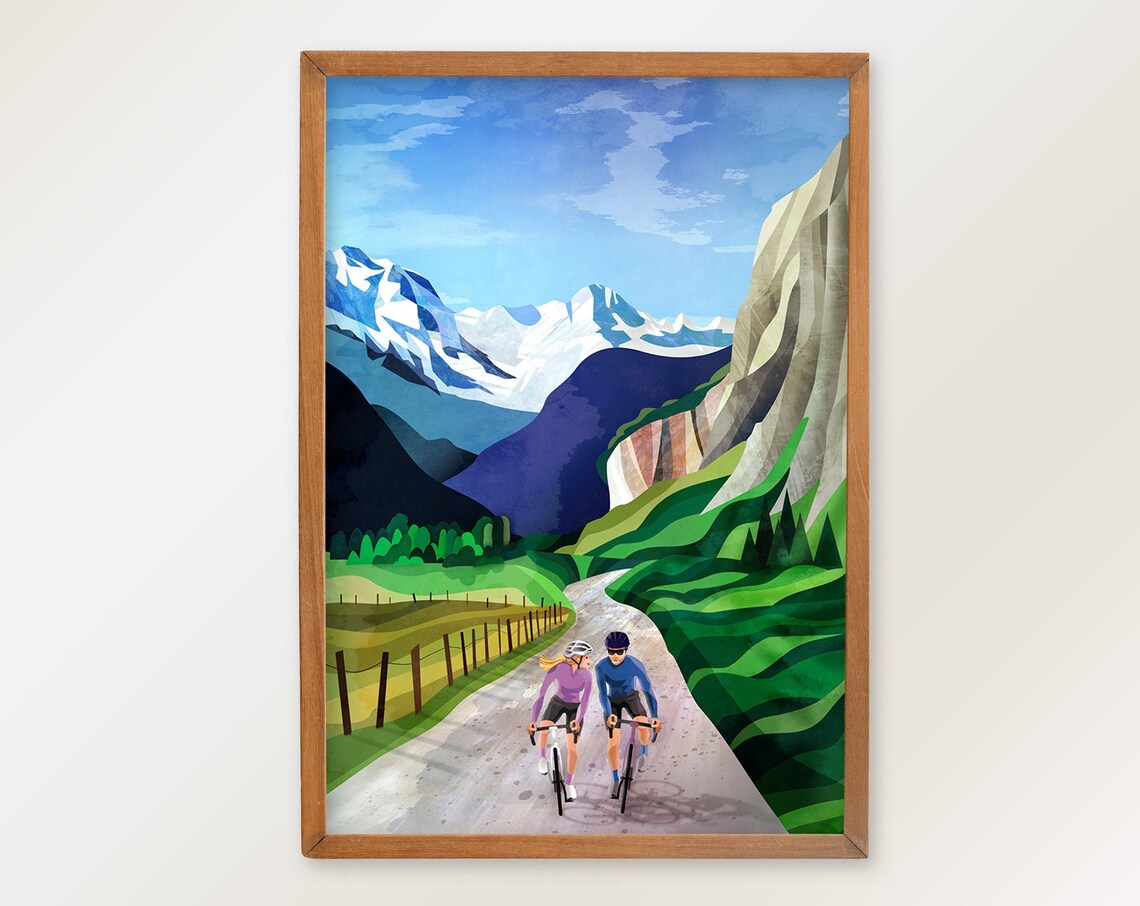 Cycling Couple in Alpine Valley Art Print