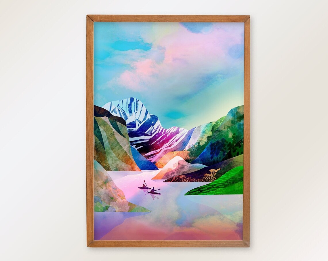 Kayaking Lake and Mountains Art Print