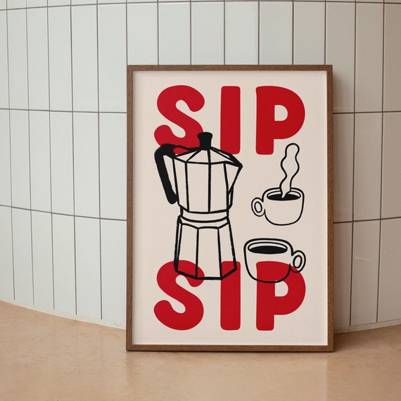 Coffee Art Moka Pot Print Kitchen Wall Art Espresso Art Print Retro Kitchen Prints Black Red Sip Sip Modern Coffee Poster