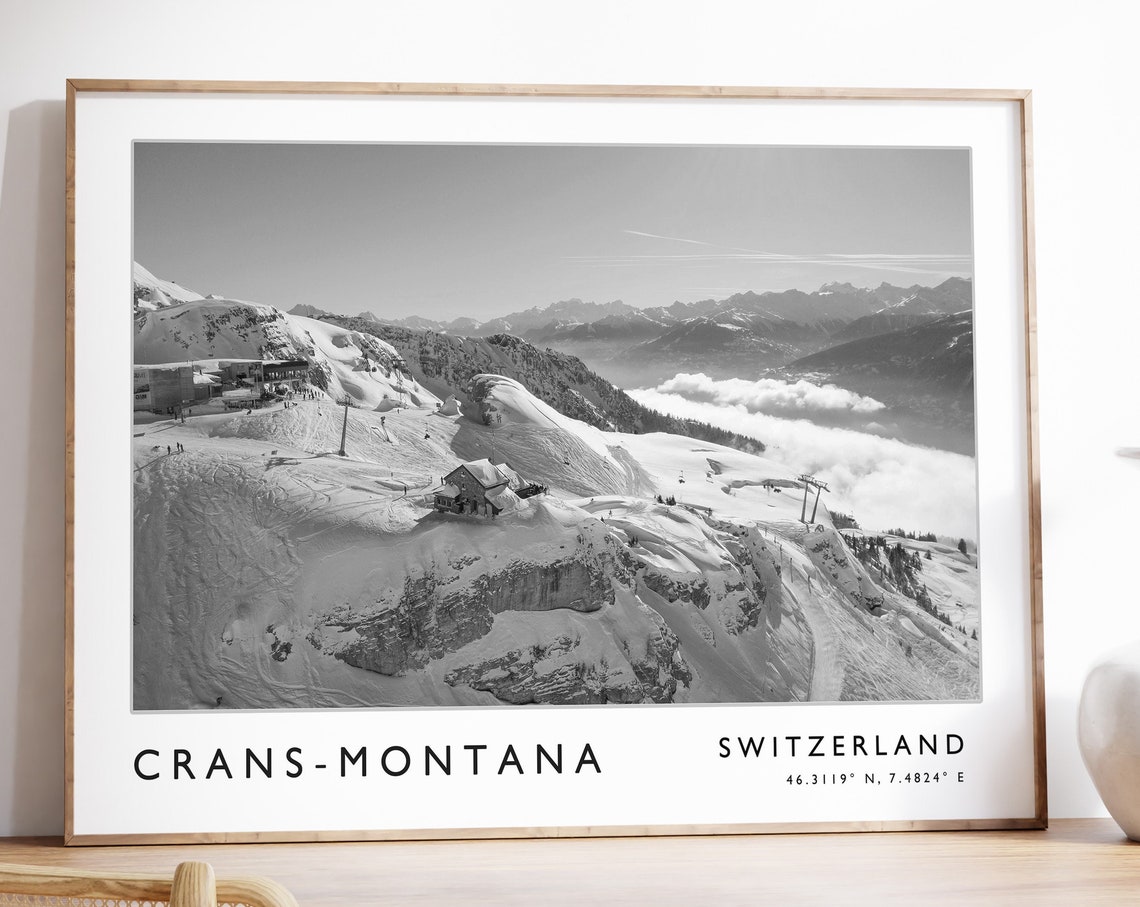 Crans-Montana Switzerland Travel Poster, Black and White