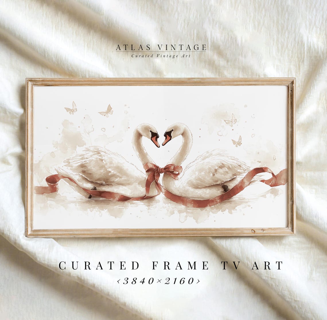 Two White Swans Forming a Heart Red Ribbon Valentines Day Print Art