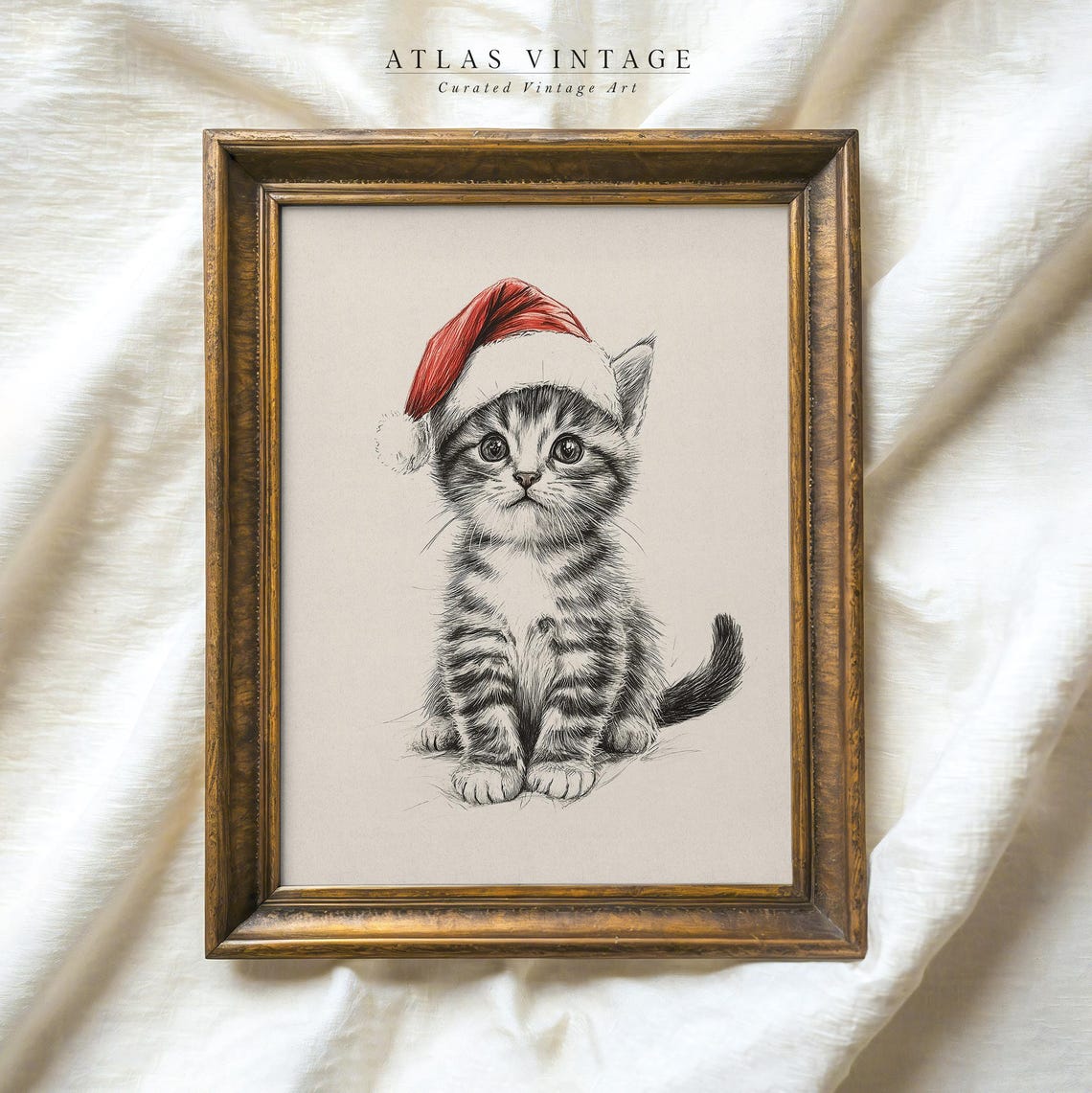 Kitten in Santa Hat Sketch Cute Tabby Cat Christmas Drawing Poster