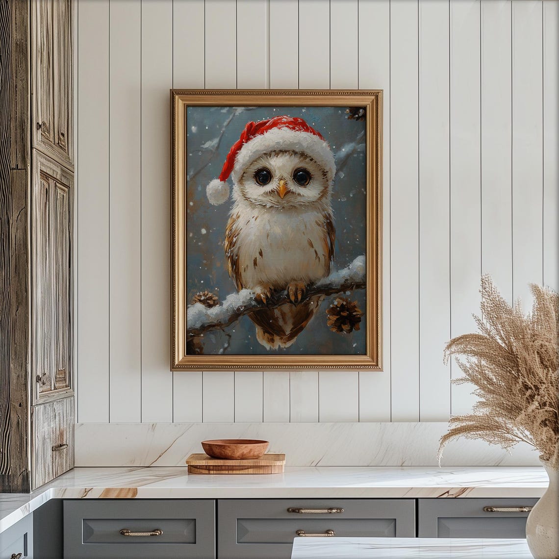 Cute Owl Santa Hat Winter Painting Snowy Christmas Bird Poster - Image 3