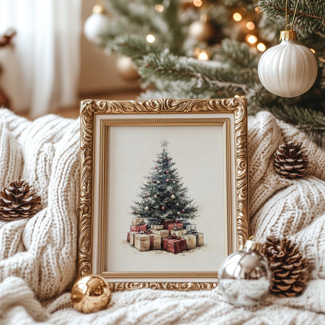 Vintage Christmas Tree With Gifts Sketch Neutral Pine Tree Poster - Image 7