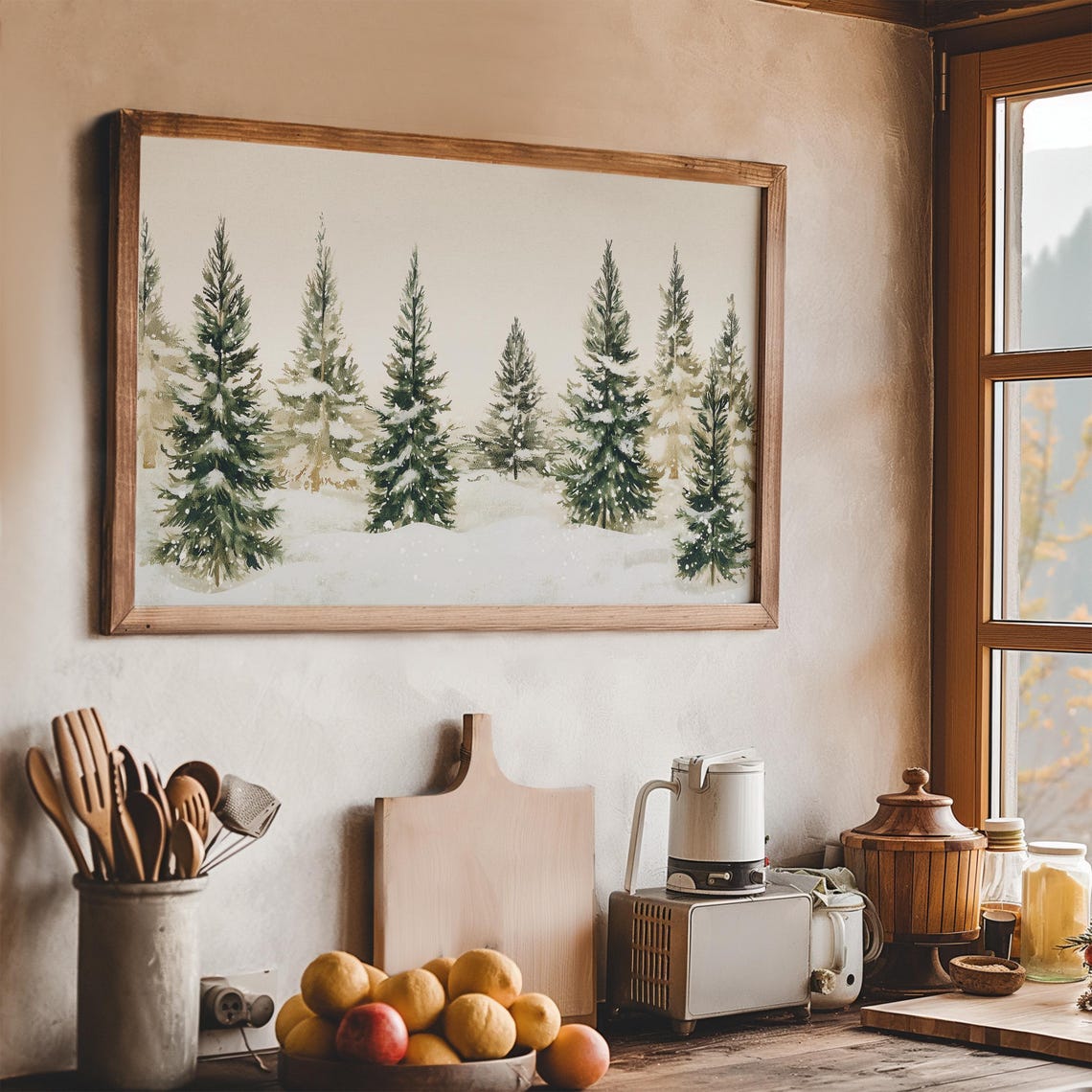 Snowy Pine Trees Watercolor Frame TV Art Winter Forest Minimal Poster - Image 2