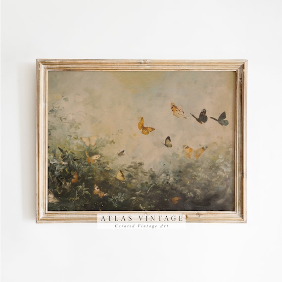 Colorful Butterflies Flying Over Misty Garden Painting Poster