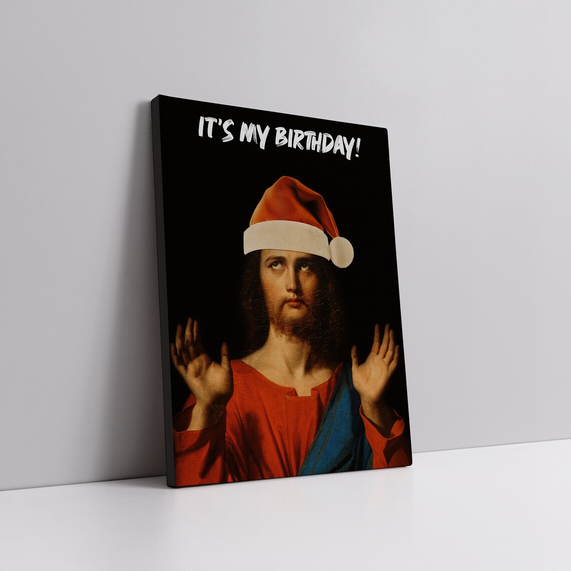 Funny Jesus Birthday Altered Painting Santa Hat Christmas Poster - Image 4