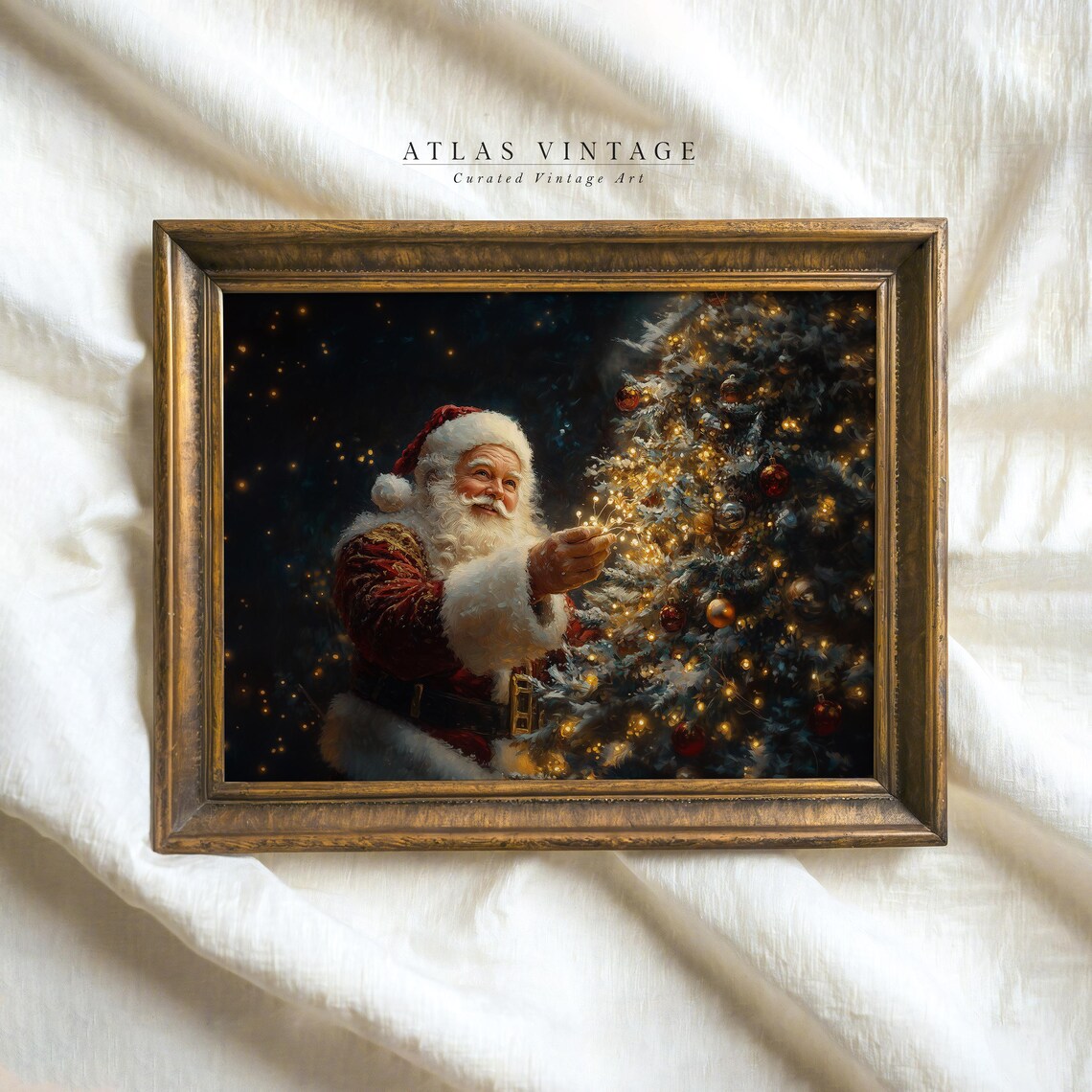 Santa Claus Decorating Christmas Tree Vintage Holiday Oil Art Poster