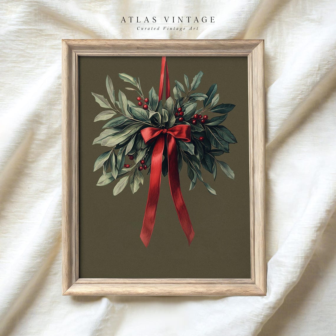 Christmas Mistletoe With Red Ribbon on Olive Green Holiday Poster - Image 3