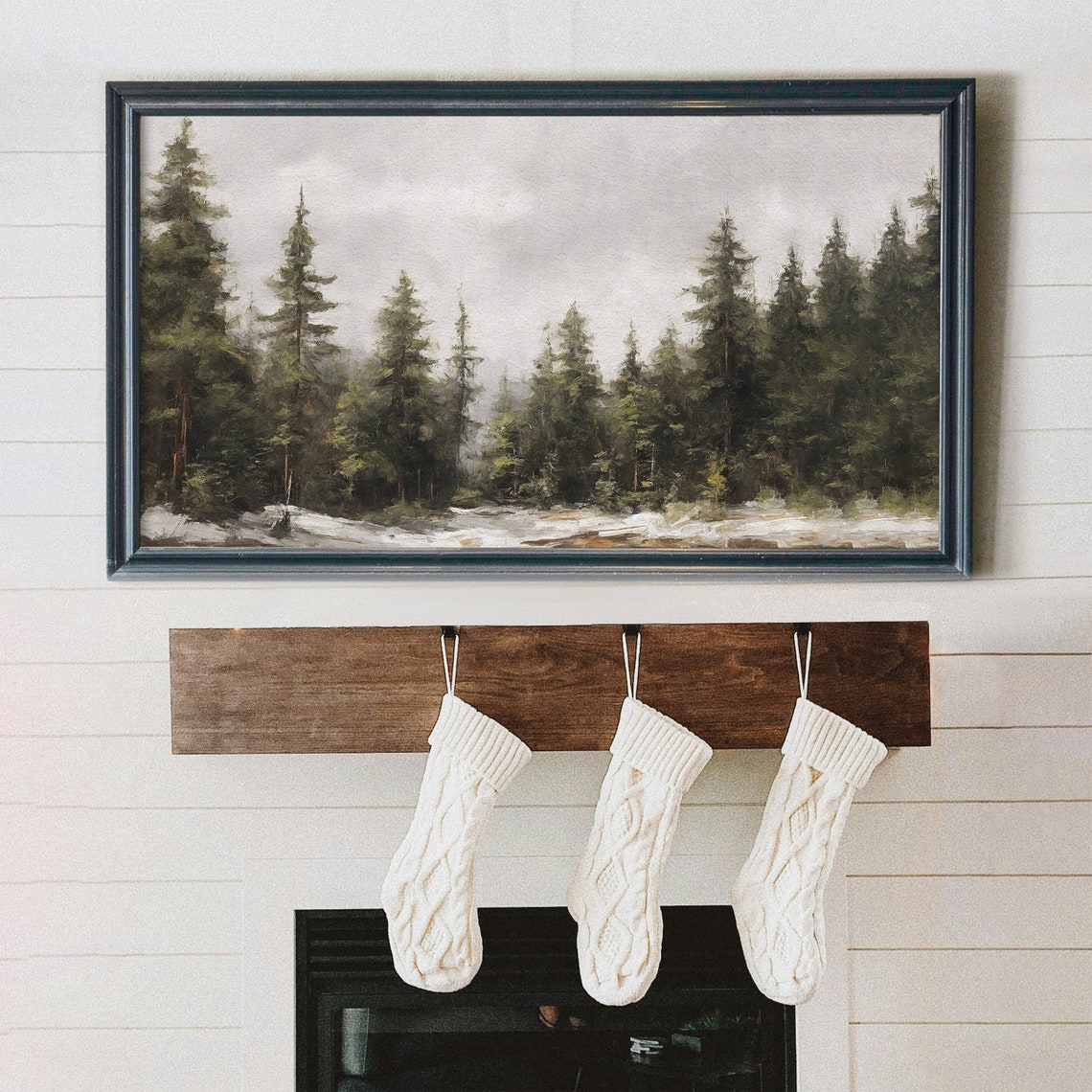 Snowy Winter Pine Forest Landscape Moody Trees Oil Style Poster - Image 7