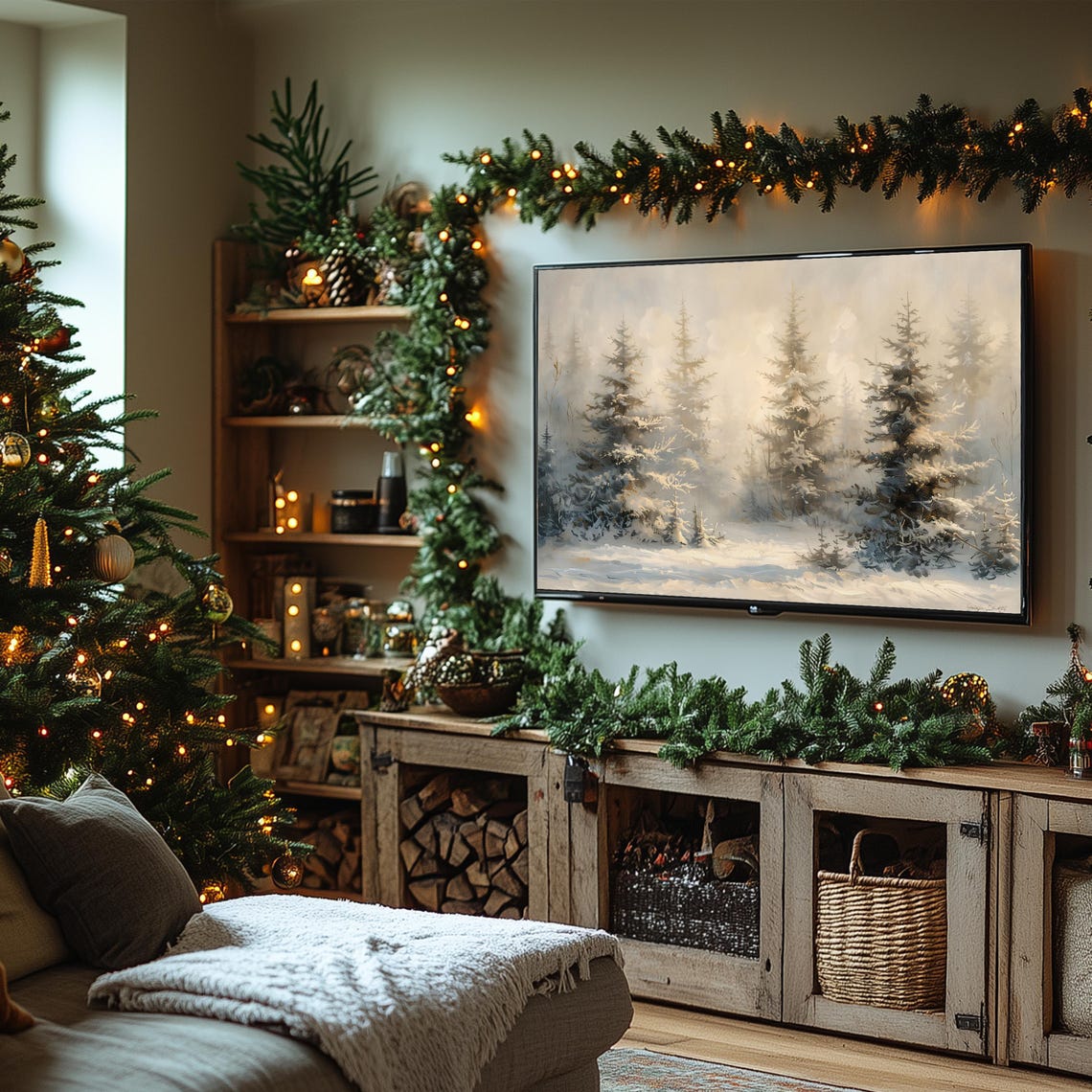 Snowy Evergreen Forest in Sunlit Mist Vintage Winter Frame TV Poster - Image 7