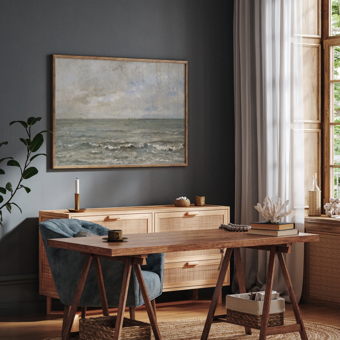 Gray Ocean Seascape With Gulls And Distant Sails Cloudy Sky Poster - Image 3